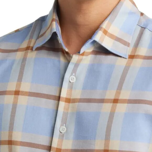 NWT $158 Blue / Tan Tartan Plaid Shirt STONE ROSE M - Picture 2 of 6